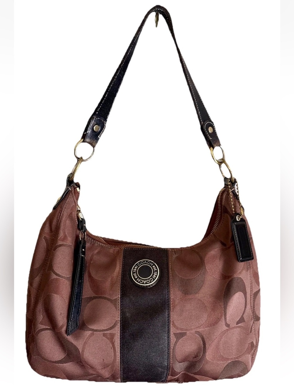 Y2K Coach Signature Stripe Hobo Vtg 1941 Shoulder Bag Brown Jacquard LTR F20042